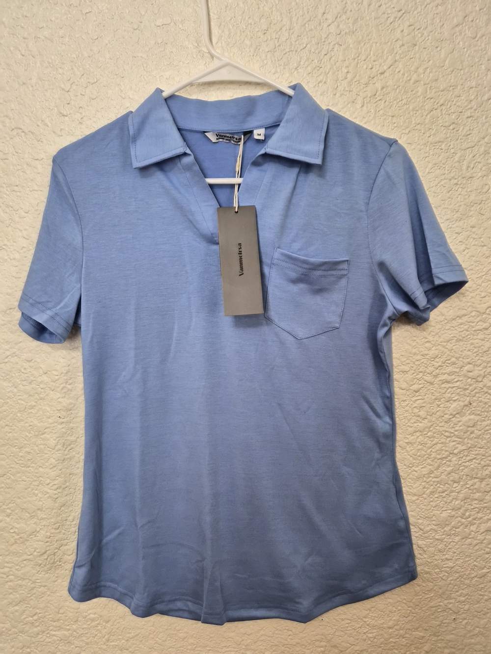 Light Blue Short-Sleeve Polo with Chest Pocket - Women's